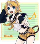  akaya blonde_hair blue_eyes hair_ornament hair_ribbon hairclip headphones headset kagamine_rin midriff musical_note ribbon short_hair shorts smile solo vocaloid 