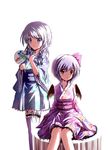  bad_id bad_pixiv_id blue_eyes braid fan izayoi_sakuya japanese_clothes kimono knife kuroi_hitsuji lavender_hair multiple_girls red_eyes remilia_scarlet short_hair silver_hair thighhighs touhou twin_braids wings 