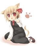  animal_ears blonde_hair cat_ears cat_tail fang hair_ribbon kemonomimi_mode mary_janes nami_(cassette) necktie paw_pose paw_print red_eyes red_neckwear ribbon rumia shoes short_hair solo tail touhou 