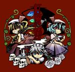  bat_wings blonde_hair blue_eyes blue_hair braid chibi cup flandre_scarlet flower hat izayoi_sakuya multiple_girls one_side_up ponytail red_eyes remilia_scarlet rose short_hair silver_hair simple_background skull slit_pupils socha steam tea teacup teapot touhou twin_braids white_flower white_rose wings 