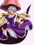  blonde_hair elbow_gloves gap gloves hair_ribbon hat highres long_hair orippa purple_eyes ribbon solo thighhighs touhou umbrella white_gloves yakumo_yukari 