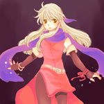  bare_shoulders black_gloves black_legwear blue_scarf dress elbow_gloves fingerless_gloves fire_emblem fire_emblem:_akatsuki_no_megami gloves hair_ribbon half_updo long_hair micaiah pantyhose ribbon scarf side_slit silver_hair sleeveless sleeveless_dress yellow_eyes yukaris 