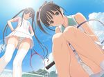  brown_hair fault!! legs long_hair long_legs multiple_girls panties racket ribbon saeki_ai sportswear striped striped_panties sugiyama_mio tanaka_takayuki tennis_court tennis_racket tennis_uniform thighhighs underwear white_panties 