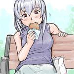  bench eating food hamburger lowres older red_eyes rozen_maiden shirt silver_hair sleeveless sleeveless_shirt solo suigintou tsuda_nanafushi 