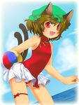  animal_ears ball beachball brown_hair cat_ears cat_tail chen earrings flat_chest hat jewelry multiple_tails shige_(st-k) short_hair smile solo tail touhou 