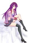  adjusting_clothes adjusting_legwear bakemonogatari bed blue_eyes bra breasts cleavage dressing high_heels kudamatu legs lingerie long_hair medium_breasts miniskirt monogatari_(series) purple_hair school_uniform senjougahara_hitagi shoes single_shoe sitting skirt solo thighhighs underwear 