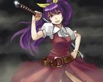  aka-kabuto_no_gema belt bow bracelet hair_bow hand_on_hip jewelry katana long_hair over_shoulder ponytail purple_eyes purple_hair solo sword sword_over_shoulder touhou wallpaper watatsuki_no_yorihime weapon weapon_over_shoulder 