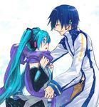  1girl akaya aqua_eyes aqua_nails blue_eyes blue_hair detached_sleeves hatsune_miku headphones headset kaito long_hair nail_polish necktie purple_scarf scarf short_hair skirt smile snow twintails vocaloid 