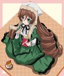  brown_hair dress eating food heterochromia highres long_hair looking_up pocky rozen_maiden solo suiseiseki takumi_(rozen_garten) tea very_long_hair 