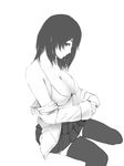  akitama bad_id bad_pixiv_id bra breasts copyright_request greyscale large_breasts lingerie monochrome open_clothes open_shirt shirt skirt solo thighhighs underwear 