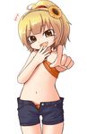  bikini brown_eyes brown_hair denim denim_shorts fang flower hair_flower hair_ornament hairband marui_mitsuba mitsudomoe navel pointing ponytail short_hair shorts solo swimsuit tamute_(2580rs) unzipped 