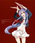  :d absurdres animal_ears blazer bunny_ears bunny_pose colored_eyelashes dress_shirt eyelashes highres huge_filesize jacket long_hair midriff navel necktie open_mouth pleated_skirt purple_hair red_background red_eyes red_neckwear reisen_udongein_inaba shingo_(missing_link) shirt skirt smile solo touhou 