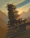 artist_request bridge building concept_art dutch_angle earthrise lowres mountain no_humans outdoors pagoda scenery water 