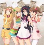  akiyama_mio alternate_hairstyle arm_hug black_hair blonde_hair blue_eyes brown_eyes brown_hair dress foreshortening fuwafuwa_time gloves hairband heart hirasawa_yui k-on! kotobuki_tsumugi long_hair mod_fashion multiple_girls nishikawa_ari pantyhose poster_(object) short_hair side_ponytail star sunglasses tainaka_ritsu thighhighs tongue twintails v wanted 