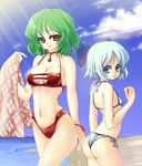  ass back-to-back bad_id bad_pixiv_id beach bikini blue_eyes blue_hair bow bracelet breasts cirno cleavage cleavage_cutout cloud day dot_r flat_chest green_hair hair_bow jewelry kazami_yuuka looking_back medium_breasts multiple_girls outdoors plaid plaid_bikini red_eyes short_hair side-tie_bikini smile swimsuit touhou water 