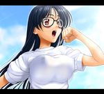  bad_id bad_pixiv_id breasts covered_nipples glasses impossible_clothes impossible_shirt kamia_(not_found) large_breasts long_hair original shirt solo sweat 