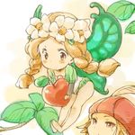  1girl barefoot blonde_hair braid butterfly_wings chibi face fairy flower food fruit hat hat_feather ingway_(odin_sphere) mercedes odin_sphere shirotaka_(shirotaka) twin_braids wings 