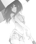  akitama bad_id bad_pixiv_id bikini breasts cleavage copyright_request greyscale medium_breasts monochrome smile solo swimsuit 