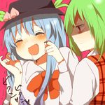  bad_id bad_pixiv_id blood blue_hair blush bow cheek_poking drooling green_hair hat hinanawi_tenshi kazami_yuuka masochism multiple_girls orange_(bibiko) plaid plaid_vest poking shaded_face touhou trembling vest 