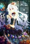  bad_id bad_pixiv_id bare_shoulders belt choker corset crown dress elbow_gloves flower gloves jewelry long_hair midriff necklace original pointy_ears red_eyes rose scepter snowflakes solo very_long_hair white_hair yamadori_yoshitomo 