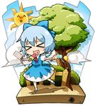  &gt;_&lt; bad_id bad_pixiv_id blue_hair bow cirno closed_eyes food hair_bow ice_cream murasakiimo popsicle solo sun touhou tree watermelon_bar 