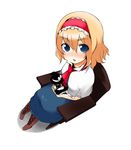  absurdres alice_margatroid bad_id bad_pixiv_id blonde_hair blue_eyes chair character_doll doll from_above full_body hairband hat highres kirisame_marisa short_hair sitting solo touhou tyobimiru witch_hat 