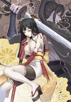  armor black_hair blade_chronicle breasts cleavage high_heels katana large_breasts long_hair multiple_girls pantyhose red_eyes shoes sword tanaka_shoutarou thighhighs weapon 