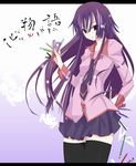  bakemonogatari boxcutter brown_eyes long_hair manpukud_(pixiv) miniskirt monogatari_(series) necktie pen pencil purple_hair school_uniform scissors senjougahara_hitagi skirt solo stapler thighhighs wooden_pencil zettai_ryouiki 