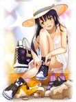  bad_id bad_pixiv_id bag bare_shoulders blush breasts cat cleavage dress hat high_heels kanipanda long_hair medium_breasts open_mouth original purple_hair shoelaces shoes sitting sneakers solo straw_hat sundress tying yellow_eyes 