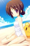  barefoot beach blush brown_hair child copyright_request day hands kneeling meito_(maze) one-piece_swimsuit outdoors purple_eyes school_swimsuit solo swimsuit white_school_swimsuit white_swimsuit 