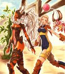  animal_ears armor blonde_hair boots braid breasts brown_eyes brown_footwear bunny_ears cleavage dark_skin final_fantasy final_fantasy_xii fran gurdy helmet hume long_hair medium_breasts moogle multiple_girls nabeya_sakihana penelo ponytail red_eyes revealing_clothes smile thighhighs twin_braids twintails viera white_hair 