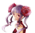  bangs bare_shoulders blunt_bangs china_dress chinese_clothes dress drill_hair face flower hair_flower hair_ornament looking_back original pink_hair red_eyes sidelocks simple_background solo sugano_manami twintails upper_body 
