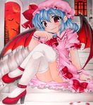  bad_id bad_pixiv_id bat blue_hair crossed_legs hat highres jpeg_artifacts red_eyes remilia_scarlet ribbon shikishi short_hair sitting solo thighhighs touhou traditional_media wings yukitsuki_kokoro 