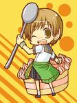  beniimo_(donngame) brown_eyes brown_hair cake chibi food holding holding_spoon jacket one_eye_closed oversized_object pastry persona persona_4 satonaka_chie school_uniform short_hair skirt smile solo spoon tomboy 