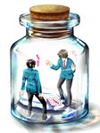  bottle brown_hair cork futon glass in_container jar kita_high_school_uniform koizumi_itsuki kyon male_focus multiple_boys nishisaki pillow school_uniform suzumiya_haruhi_no_yuuutsu tissue_box you_gonna_get_raped 