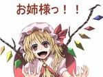  blonde_hair crazy_eyes flandre_scarlet haruichi hat one_side_up ponytail red_eyes short_hair solo touhou translated wings 