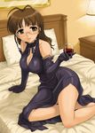  akizuki_ritsuko alcohol antenna_hair ass back bare_shoulders barefoot bed bed_sheet black_dress breasts brown_eyes brown_hair choker cleavage cupping_glass dress drunk elbow_gloves evening_gown feet glass glasses gloves hida_tatsuo idolmaster idolmaster_(classic) legs long_dress long_hair medium_breasts shy solo wine 
