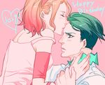  blue_hair brown_hair curtained_hair forehead_kiss gradient_hair green_eyes green_hair hairband jojo_no_kimyou_na_bouken kishibe_rohan kiss multicolored_hair muyangtu pink_hair short_hair sugimoto_reimi 