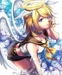  angel_wings bad_id bad_pixiv_id bandages bare_arms bare_shoulders blonde_hair blue_eyes hair_ribbon halo head_wings highres kagamine_rin leaning_forward looking_at_viewer no_armwear ribbon sailor_collar short_hair shorts sleeveless solo vocaloid wings zuo_xiang_liang 