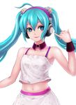  absurdres ahoge aqua_eyes aqua_hair arm_up blush breasts camisole choker closed_mouth crop_top crop_top_overhang hair_ornament hatsune_miku headphones highres long_hair mhg_(hellma) midriff miniskirt navel redial_(vocaloid) shirt skirt sleeveless sleeveless_shirt small_breasts smile solo transparent_background twintails very_long_hair vocaloid white_shirt wristband 