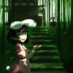  animal_ears architecture bamboo black_hair bunny_ears carrot carrot_necklace dress east_asian_architecture inaba_tewi jewelry looking_at_viewer moss nihimaru open_mouth overgrown pendant red_eyes short_hair smile solo stairs touhou 