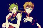  1girl blonde_hair blue_eyes double_bun giorno_giovanna green_eyes green_hair io_(sinking=carousel) jojo_no_kimyou_na_bouken kuujou_jolyne multicolored_hair tied_hair two-tone_hair 