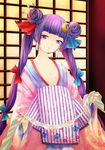  absurdres alternate_hairstyle breasts cleavage clumeal crescent crescent_hair_ornament double_bun earrings hair_ornament hair_ribbon hairpin head_tilt highres japanese_clothes jewelry large_breasts long_hair patchouli_knowledge purple_eyes purple_hair ribbon scroll solo touhou tress_ribbon twintails very_long_hair 