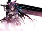  absurdres armor bow breasts cleavage date_a_live dress gauntlets hair_bow hair_ornament highres huge_weapon long_hair looking_at_viewer namaniku_atk over_shoulder pauldrons purple_eyes purple_hair scan see-through_silhouette small_breasts solo sword very_long_hair weapon weapon_over_shoulder yatogami_tooka 