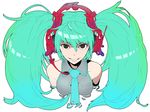  breasts colorized green_hair hatsune_miku headphones heterochromia jaco long_hair looking_at_viewer medium_breasts simple_background smile solo twintails vocaloid white_background 