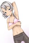 arm_up armpits asymmetrical_hair black_legwear bow bow_bra bow_panties bra dutch_angle grey_eyes kantai_collection lace lace-trimmed_bra lace-trimmed_panties myu-po nowaki_(kantai_collection) panties panties_under_pantyhose pantyhose pink_bra pink_panties silver_hair solo standing underwear underwear_only white_background 