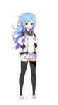  absurdres bangs black_hair black_legwear blue_hair bow_legwear conception:_ore_no_kodomo_wo_undekure! conception_2 green_eyes hair_ribbon hands_on_hips highres long_hair long_sleeves looking_at_viewer necktie off_shoulder ootsuka_shin'ichirou open_mouth pleated_skirt ribbon serina_(conception) simple_background skirt sleeve_cuffs solo swept_bangs uniform white_background 