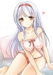  babydoll bare_shoulders blush breasts collarbone hairband heart kantai_collection large_breasts long_hair looking_at_viewer navel nikoo panties red_panties shoukaku_(kantai_collection) silver_hair sitting smile solo strap_slip striped striped_panties underwear very_long_hair yellow_eyes 