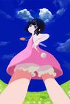  black_hair blue_eyes carrot carrot_necklace cloud day dress inaba_tewi jewelry nihimaru no_animal_ears no_lineart pendant pink_dress short_hair sky solo sundress tail touhou 