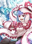  bad_id bad_pixiv_id blue_hair dragon eastern_dragon frills hanamaru-s hat nagae_iku open_mouth pointing pointing_up red_eyes ribbon shawl short_hair smile solo touhou 